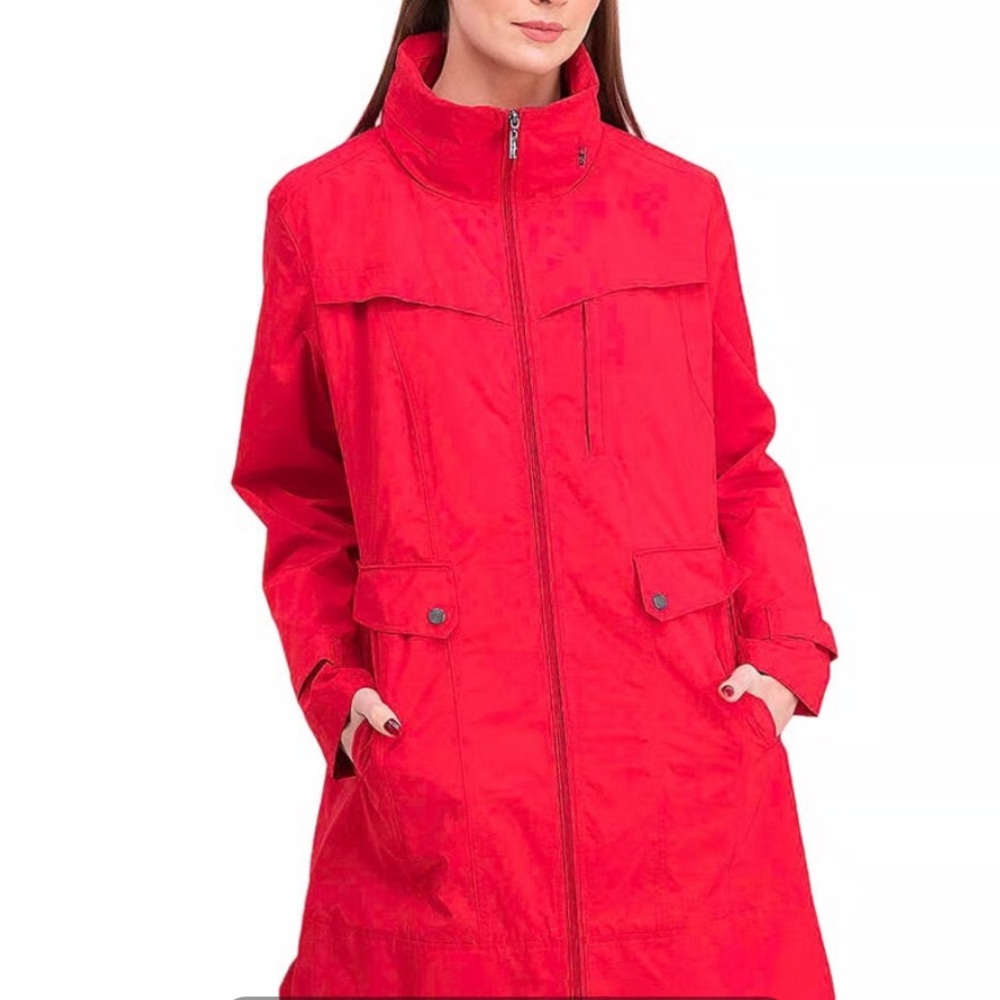 Cole Haan Red Hooded Packable Water Resistant wind breaker Coat Jacket